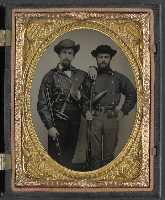 [Two unidentified soldiers in Mississippi battle shirts with double barrel shotguns, knives, and powder horns] (LOC)