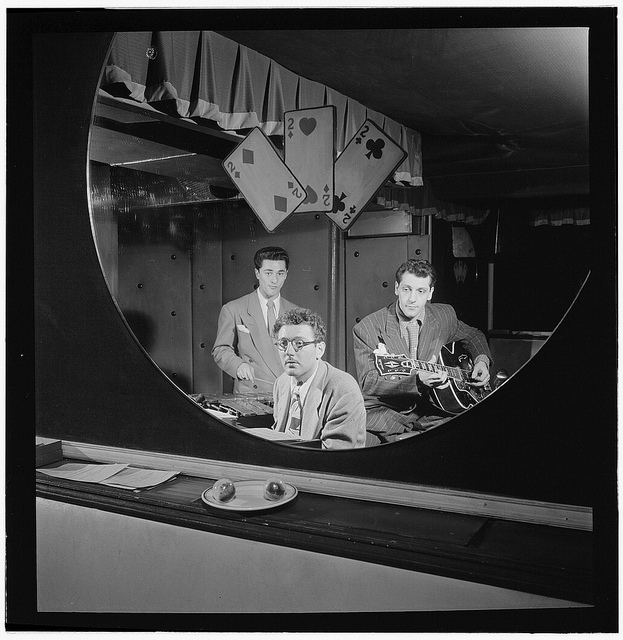 [Portrait of Terry Gibbs, Harry Biss, and Bill (Buddy) De Arango, Three Deuces, New York, N.Y., ca. June 1947] (LOC)