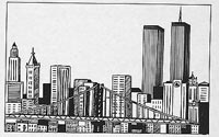 Fourteen drawings of the New York skyline showing the destruction of the World Trade Center towers during the September 11th terrorist attacks