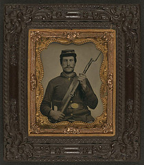 [Private William F. Bower of Company D, 21st Ohio Regiment Infantry Volunteers, with bayoneted musket] (LOC)