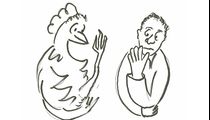 Drawing of a chicken and a man.