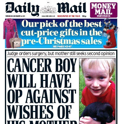 Photo: Today's front page: Cancer boy will have op against wishes of his mother: Judge orders surgery, but she still seeks second opinion http://bit.ly/YjtHgC

Is it right for Neon Roberts to have surgery against his mother’s wishes? Join our debate: http://bit.ly/TYHH96