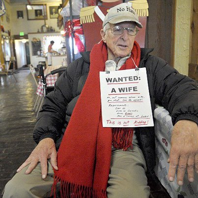 Photo: 'Wanted: A Wife': 82-year-old advertises for love with a sign around his neck (applicants must be over 60, love books and have a good sense of humor) http://bit.ly/WqAK6O
