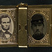 [Two portraits from: Unidentified soldier in Union uniform and forage cap with portraits of Lincoln, Johnson, and an unidentified boy in a book-shaped locket with pages] (LOC)