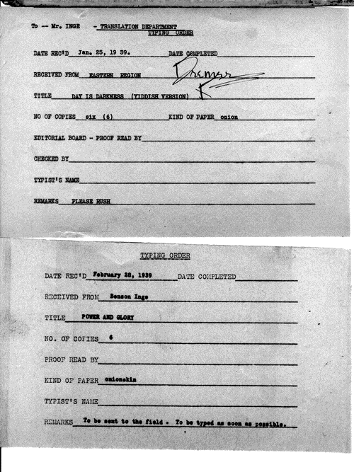 Image 1 of 4, Productions - 1938-1939 - Typing Order Forms - Per