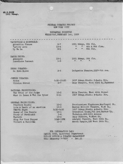 Image 1 of 18, Rehearsal Schedules - Feb 1939 - NYC