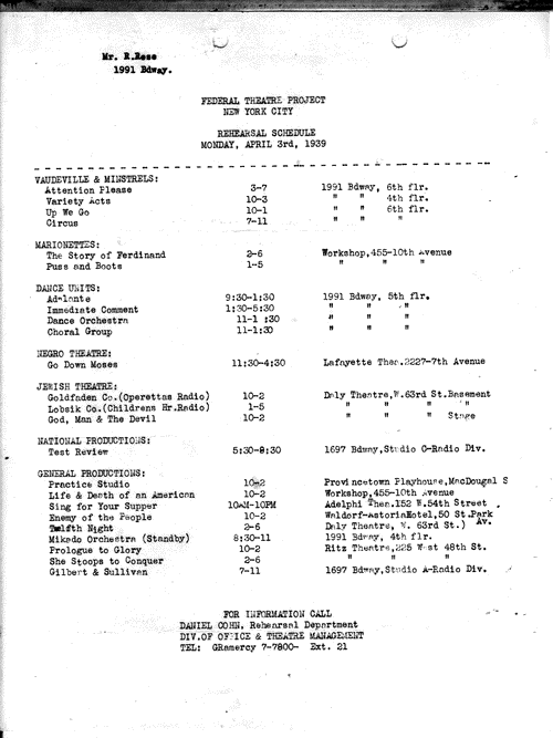 Image 1 of 20, Rehearsal Schedules - Apr 1939 - NYC