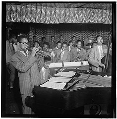 [Portrait of Dizzy Gillespie, John Lewis, Cecil Payne, Miles Davis, and Ray Brown, Downbeat, New York, N.Y., between 1946 and 1948] (LOC)