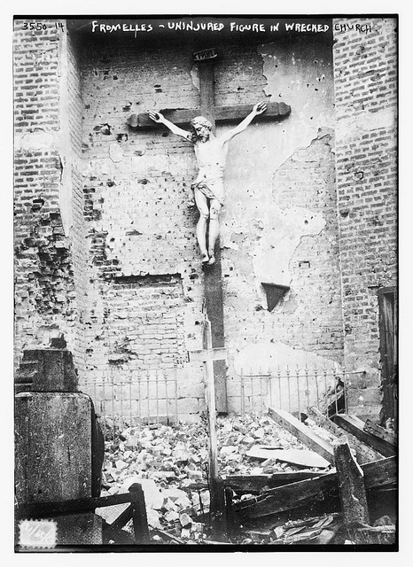 Fromelles - Uninjured figure in wrecked church  (LOC)