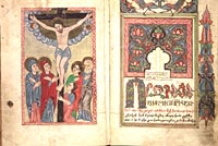 A fullpage illumination of the crucifixion of Christ and an identifiably Armenian ornamented title page open this illuminated manuscript, copied in 1722