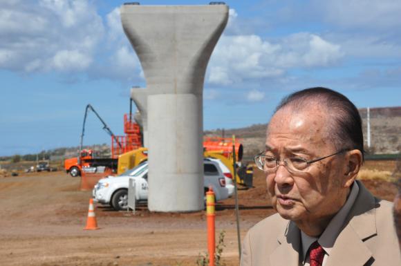 Senator Inouye touring the site of the Honolulu Rail Transit project.