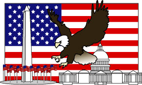 Collage of U.S. Symbols -- The flag, Washington Monument, the bald eagle, and the Capitol.