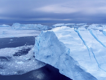 Icebergs in the Kangia Icefjord, Greenland.  The glacier feeding the icefjord is among the world’s fastest-moving, and has doubled its speed in the past two decades.