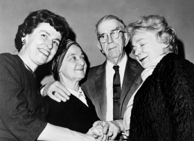 From left, Congresswoman Martha Griffiths of Michigan, journalist May Craig, House Rules Committee Chairman Howard W. Smith of Virginia, and Congresswoman Katharine St. George of New York pose for a photo shortly after the House added a sexual discrimination amendment to Title VII of the Civil Rights Act of 1964. Led by Representative Griffiths, Congresswomen argued that employment laws should include both gender and race protections.