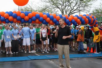 Paulsen speaks to participants during the Rear in Gear 5k