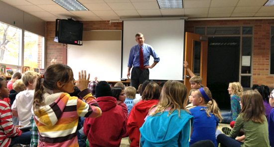Paulsen visits with students at Highlands Elementary School in Edina