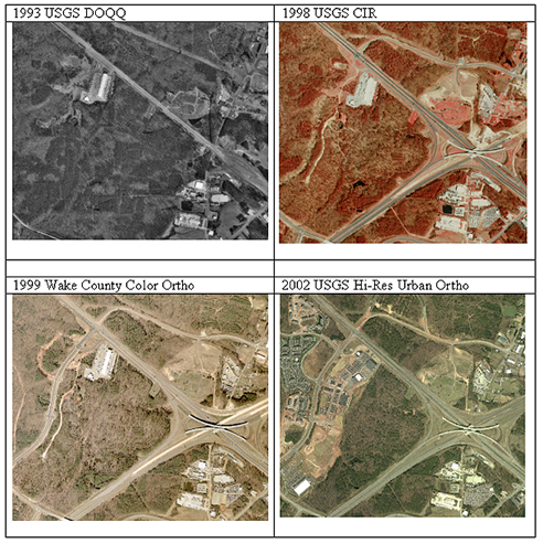 Change over time: these aerial raster images from 1993 through 2002 portray the construction of the interchange of Interstate 540 and U.S. Highway 70 just north of the Raleigh-Durham International Airport.  Courtesy Steve Morris.