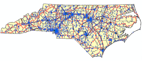 Map of North Carolina that overlays vector data with data from a tabular or geodatabase source.  The layers shown here include county boundaries, major roads, airports (a few) and public schools (a lot).  Courtesy Steve Morris.