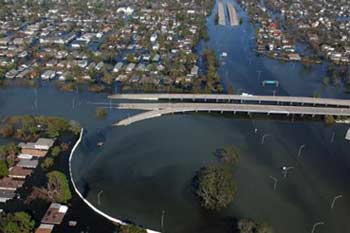 Flooded neighborhoods in New Orleans due to Hurricane Katrina, 2005.