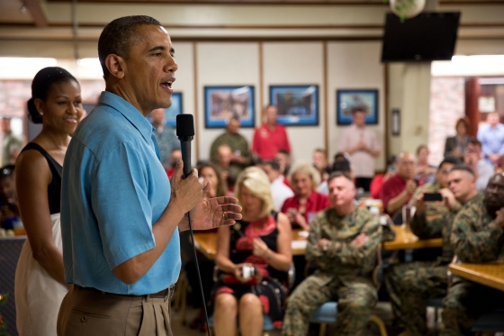 President Obama and First Lady Michelle Obama visit with members of the military at Marine Corps Base Hawaii, Dec. 25, 2012