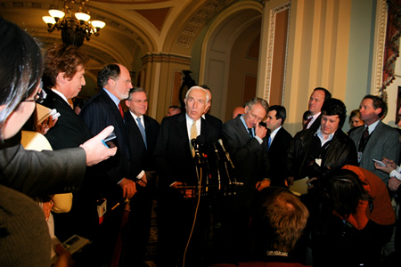 Senator Lautenberg is joined by Senate Minority Leader Harry Reid, DSCC Chairman Charles Schumer, and N.J. Governor-elect Jon Corzine at a press conference in the Capitol to welcome Rep. Bob Menendez to the U.S. Senate. Rep. Menendez was appointed by Senator Corzine to serve the remainder of his term. December 15, 2005.