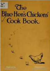 Graphic: cover of the Blue Hen's Cook Book, with a hen and several chicks.