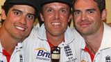 Alastair Cook, Graeme Swann and James Anderson with the Ashes urn
