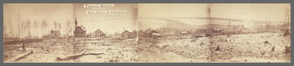 Panoramic view of Duluth, Minnesota businesses in 1870