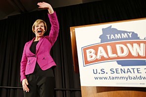 U.S. Rep. Tammy Baldwin, D-Wis., waves to supporters after making her a victory speech in Wisconsin's U.S. Senate race, Tuesday, Nov. 6, 2012, in Madison, Wis. Baldwin defeated former Wisconsin Gov. Tommy Thompson, to become the nation's first openly gay senator. (AP Photo/Andy Manis)