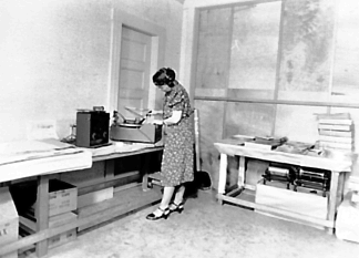 Sidney Robertson Cowell, copying WPA California Folk Music Project recordings for the Library of
Congress in the University of California, Berkeley, office.