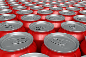 Aluminum beverage cans in a factory.