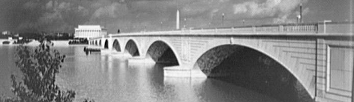 Photograph of Memorial Bridge from Virginia shore. By Theodor Horydczak 1920-1950.