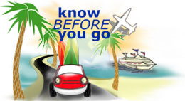 know before you go - car on palm-lined road with surfboards, ship in ocean, plane in air.