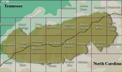 Great Smoky Mountains National Park map showing grid of quadrangles maps