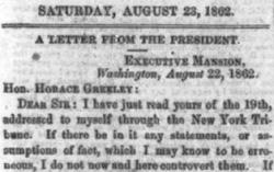 Newspaper clipping of letter from Lincoln to Greeley