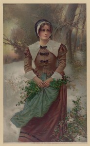 Woman, standing in snow, holding holly in her apron
