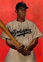 Jackie Robinson in a Dodgers uniform holding a bat