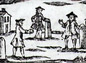 Colonial figures playing baseball.