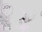 Line drawing of man in car firing gun at a hot-air baloon that says "JOY" on it.