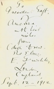 Inscription by Edwin Drew to President Taft; front page of "The Chief Incidents of the 'Titanic' Wreck Treated in Verse"