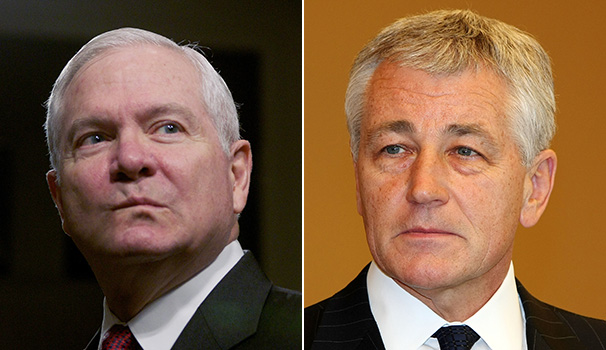 Left, former defense secretary Robert M. Gates, who served Bush and Obama. Right, Chuck Hagel could be next. (Getty Images)