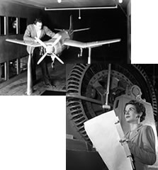 Photos: a man with a scale model of an airplane; woman engineer standing in front of machinery, holding papers.