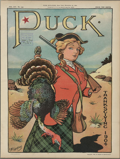 Illustration shows a young woman with a shotgun over her left shoulder and carrying a dead turkey.