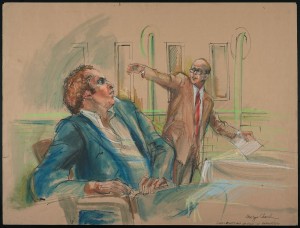Drawing shows David Berkowitz sitting as District Attorney Eugene Gold argues his case at hearing to determine his competency to stand trial in the case of The People of the State of New York v. David Berkowitz.