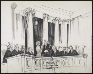 Drawing shows Warren Burger swearing in Sandra Day O'Connor in the Supreme Court chambers as Justices Stevens, Powell, Marshall, Brennan, White, Blackmun, and Rehnquist look on.