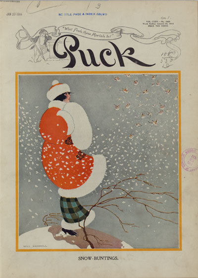 Illustration shows a beautiful young woman standing on a small hill with wind and blowing snow, and a cluster of snow buntings; she is wearing a bright red fur-lined coat and hat.