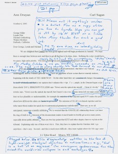 Carl Sagan/Ann Druyan letter (page 1 of 2) to Warner Brothers’ production team, October 6, 1995. Manuscript Division, Library of Congress