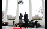President Obama and Amb Capricia Marshall wave to President Karzai