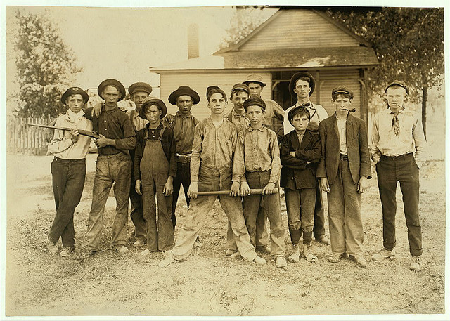 The Ball Team. Composed mainly of glass workers. Indiana. Aug. 1908. L.W.H. [Lewis Wickes Hine].  (LOC)