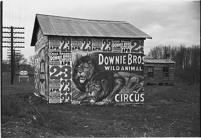 [Posters covering a building near Lynchburg to advertise a Downie Bros. circus] (LOC)